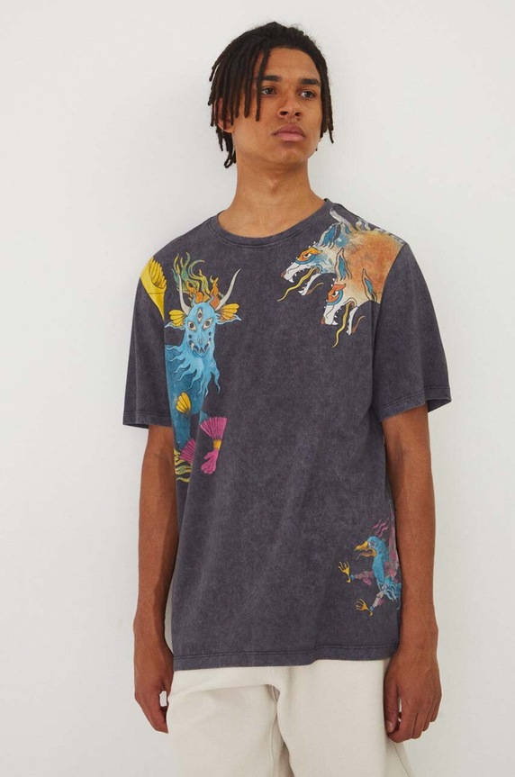 T-shirt bawełniany męski z nadrukiem kolor szary okrągły szary RW24-TSM107