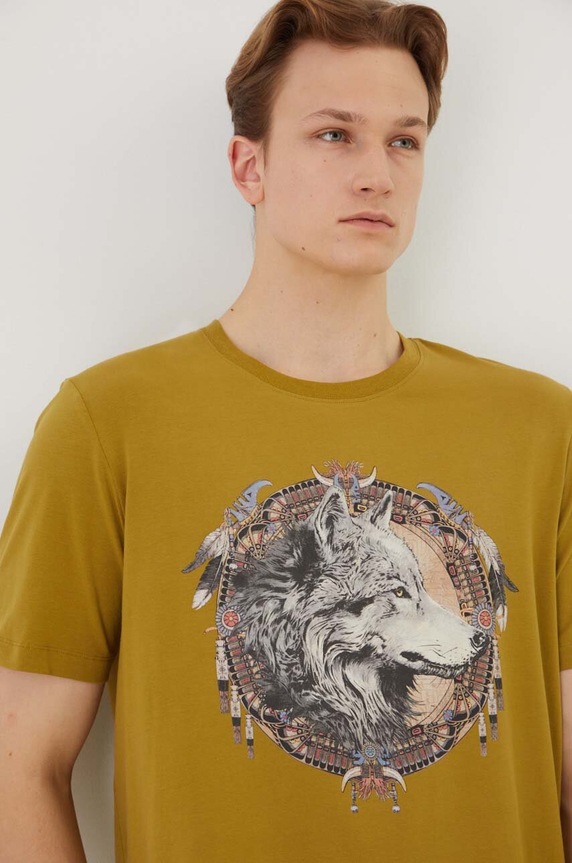 Bavlněné tričko pánské s příměsí elastanu s potiskem zelená barva regular zelená RW24.TSM206