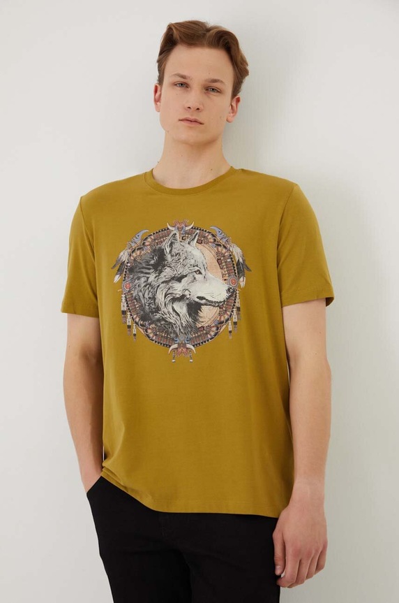 Bavlněné tričko pánské s příměsí elastanu s potiskem zelená barva zelená RW24.TSM206