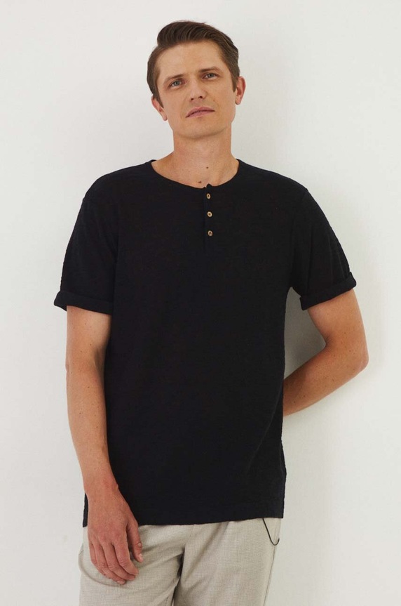 T-shirt z domieszką lnu męski gładki kolor czarny gładkie czarny RW24-TSM210