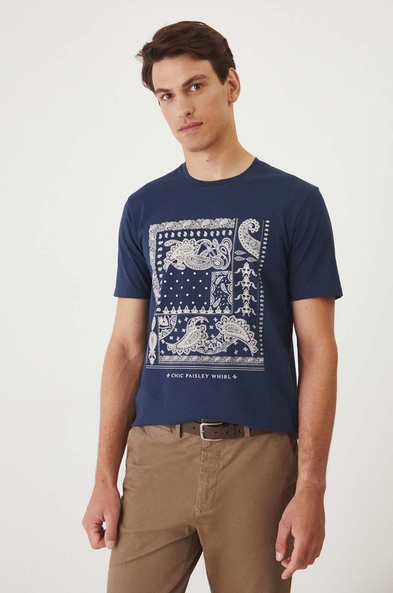 Bavlněné tričko pánské s elastanem s potiskem tmavomodrá barva slim námořnická modř RW24-TSM321