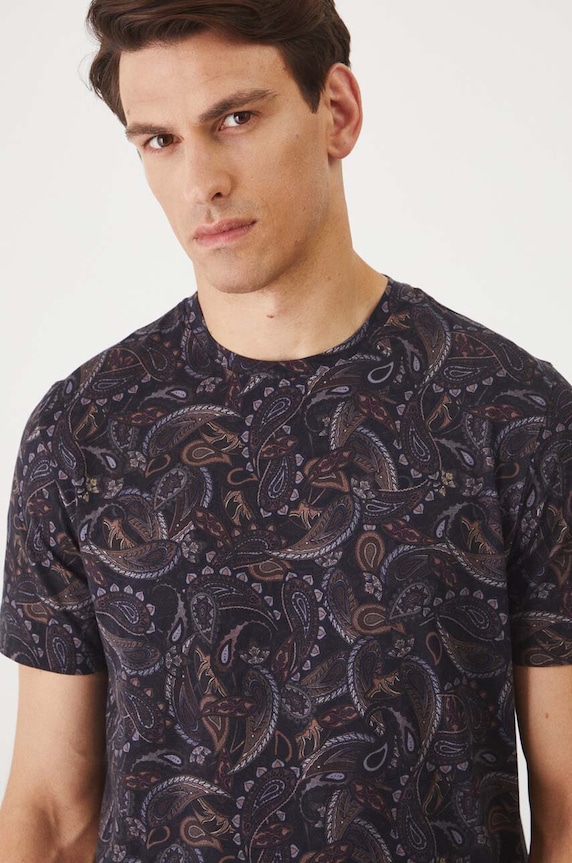 T-shirt bawełniany męski z domieszką elastanu wzorzysty kolor czarny wzorzyste czarny RW24-TSM328
