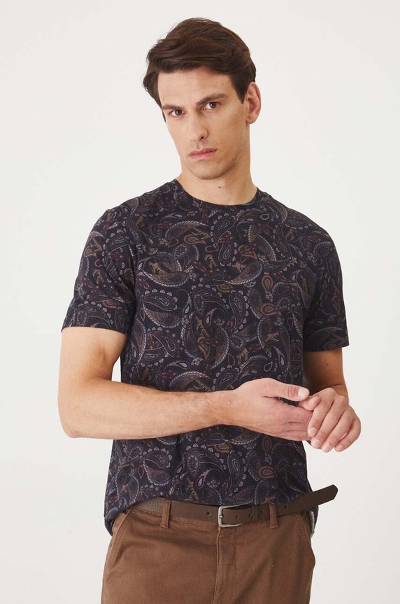T-shirt bawełniany męski z domieszką elastanu wzorzysty kolor czarny czarny RW24-TSM328