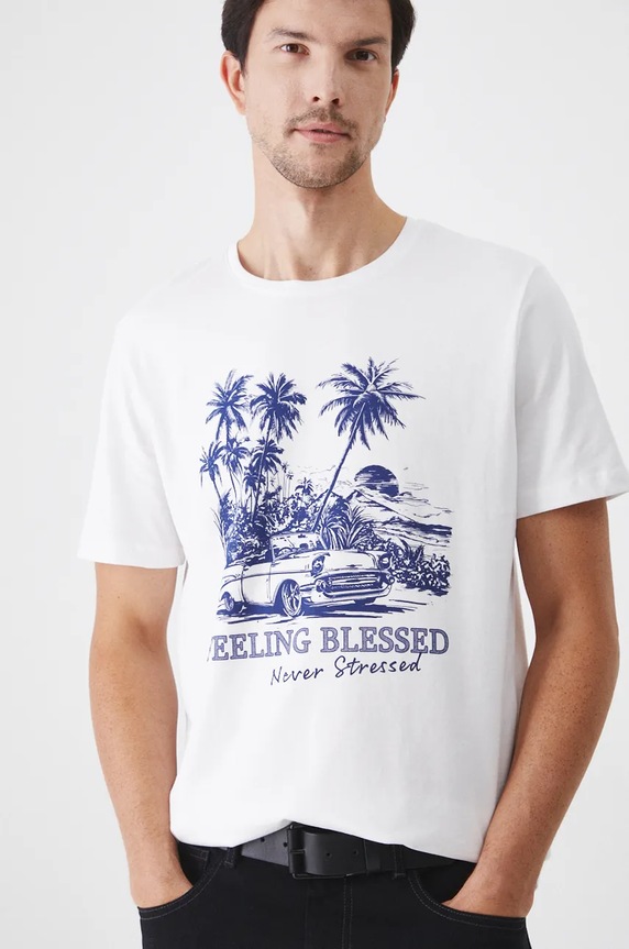 T-shirt bawełniany męski z nadrukiem kolor biały okrągły biały RW24-TSM485