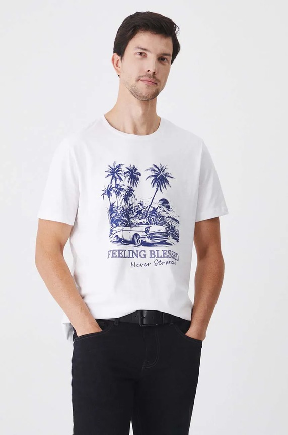 T-shirt bawełniany męski z nadrukiem kolor biały biały RW24-TSM485