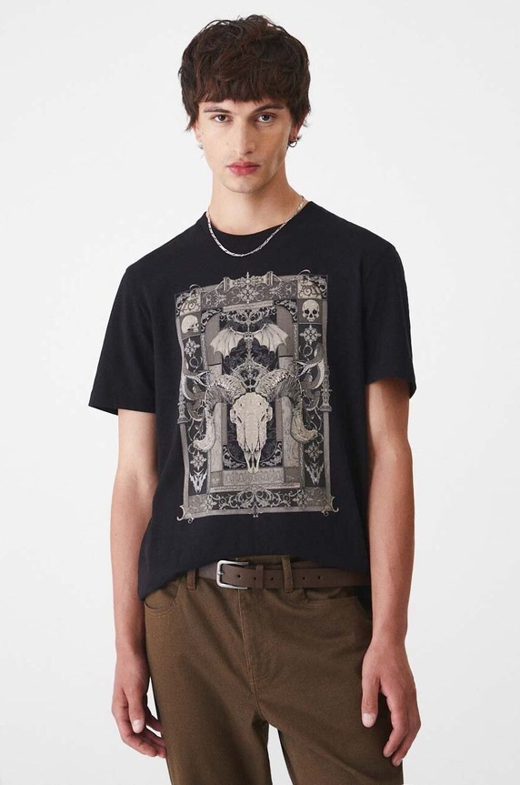 T-shirt bawełniany męski z domieszką elastanu z nadrukiem kolor czarny okrągły czarny RW24-TSM504