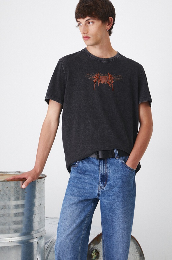 T-shirt bawełniany męski z efektem sprania kolor czarny okrągły czarny RW24-TSM505