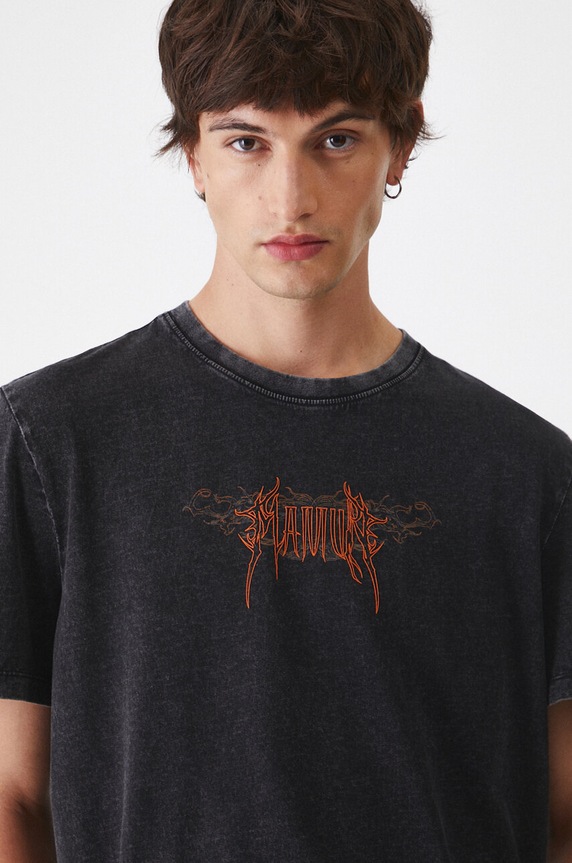 T-shirt bawełniany męski z efektem sprania kolor czarny czarny RW24-TSM505