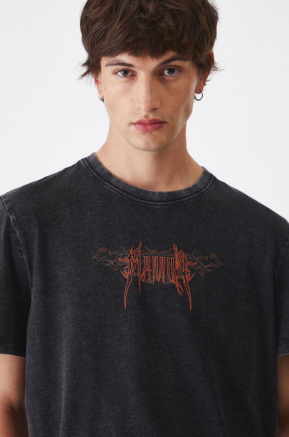 T-shirt bawełniany męski z efektem sprania kolor czarny czarny RW24-TSM505