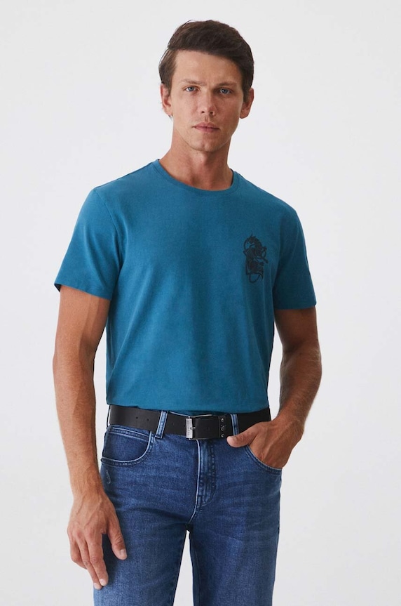 T-shirt bawełniany męski z domieszką elastanu z nadrukiem kolor turkusowy okrągły turkusowy RW24-TSM602