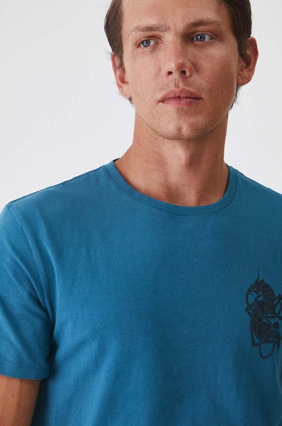 T-shirt bawełniany męski z domieszką elastanu z nadrukiem kolor turkusowy turkusowy RW24-TSM602