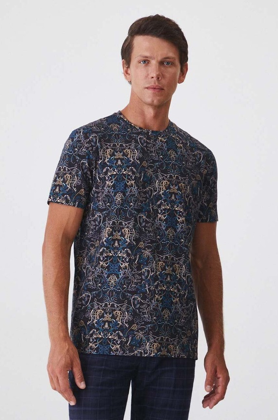 T-shirt bawełniany męski z domieszką elastanu wzorzysty kolor czarny czarny RW24-TSM606