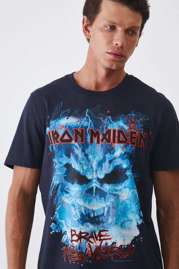 T-shirt bawełniany męski Iron Maiden kolor granatowy granatowy RW24-TSM671