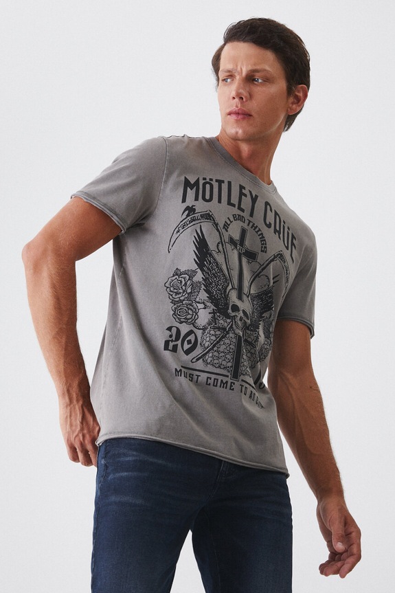 T-shirt bawełniany męski Mötley Crüe kolor szary okrągły szary RW24-TSM673