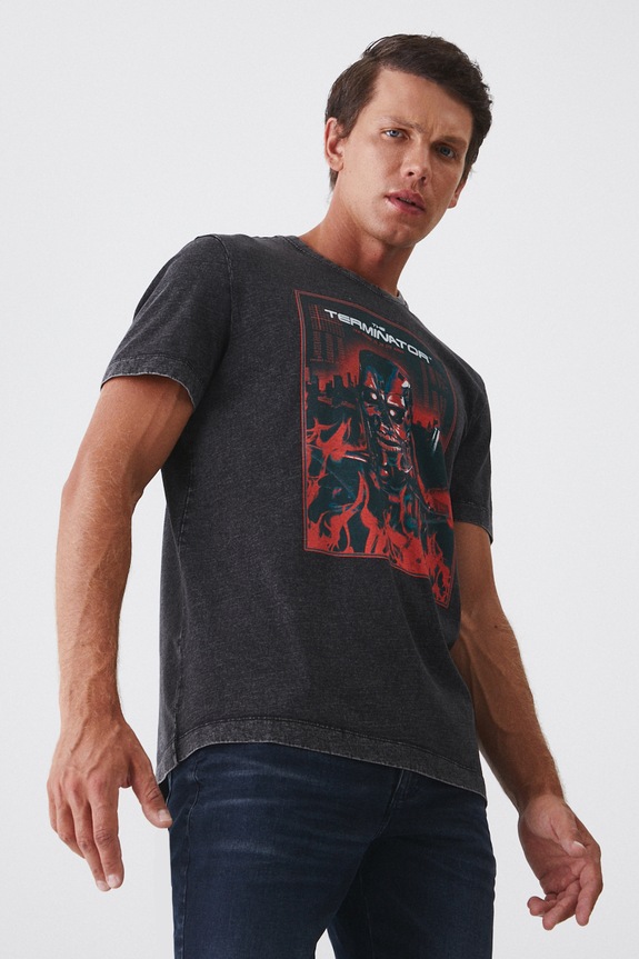 T-shirt bawełniany męski The Terminator kolor czarny okrągły czarny RW24-TSM675