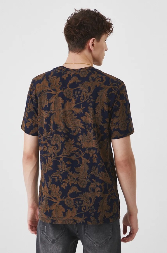 Odzież T-shirt bawełniany męski z domieszką elastanu wzorzysty kolor granatowy RW24-TSM803 granatowy