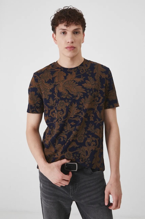 T-shirt bawełniany męski z domieszką elastanu wzorzysty kolor granatowy granatowy RW24-TSM803