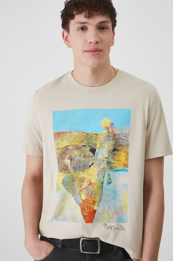 T-shirt bawełniany męski z kolekcji Zdzisław Beksiński x Medicine kolor beżowy okrągły beżowy RW24-TSM860