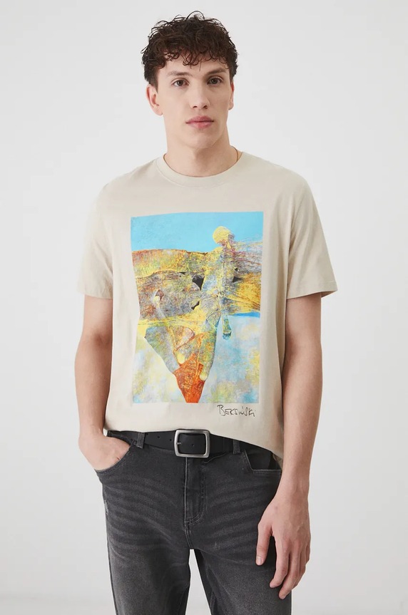 T-shirt bawełniany męski z kolekcji Zdzisław Beksiński x Medicine kolor beżowy RW24-TSM860 beżowy