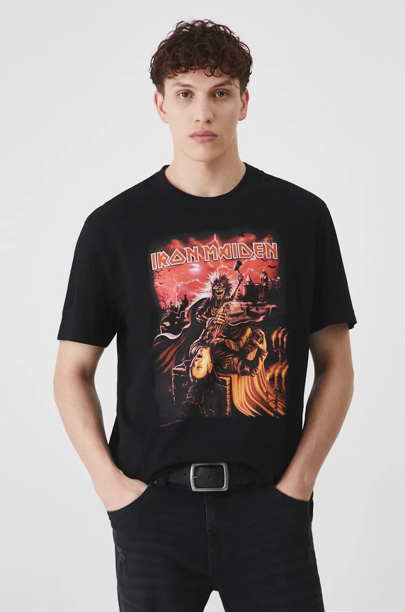 T-shirt bawełniany męski Iron Maiden kolor czarny okrągły czarny RW24-TSM870