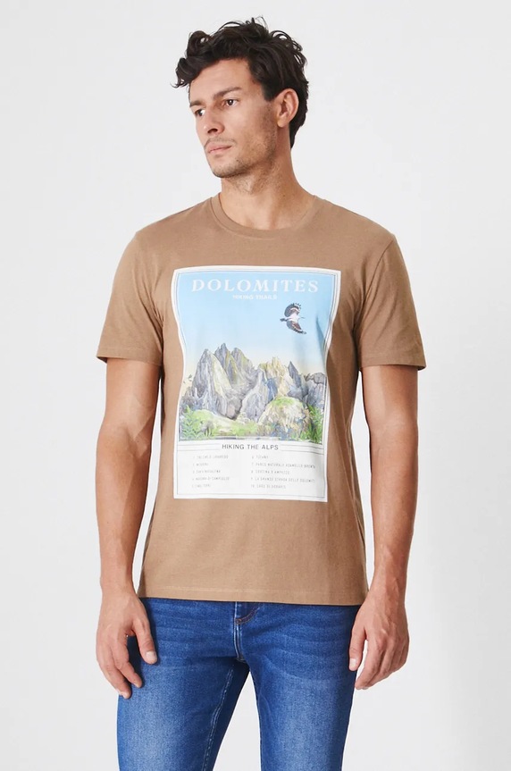T-shirt bawełniany męski z nadrukiem kolor brązowy okrągły brązowy RW24-TSM902