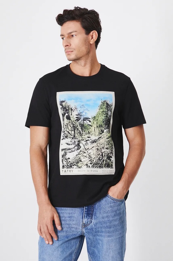 T-shirt bawełniany męski z nadrukiem kolor czarny okrągły czarny RW24-TSM904