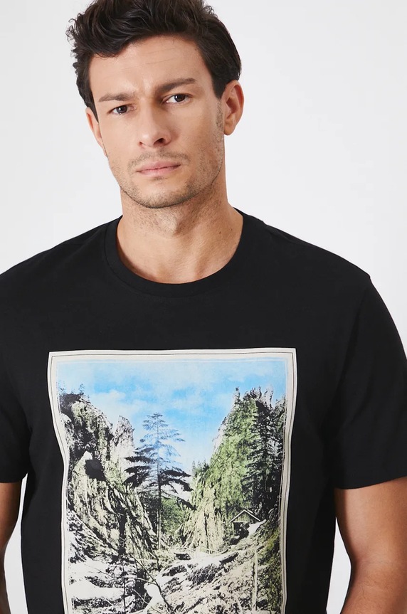 T-shirt bawełniany męski z nadrukiem kolor czarny czarny RW24-TSM904