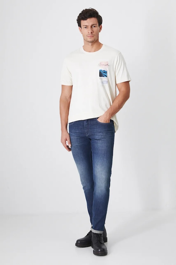 T-shirt bawełniany męski z domieszką elastanu z nadrukiem kolor beżowy RW24-TSM907 beżowy RW24