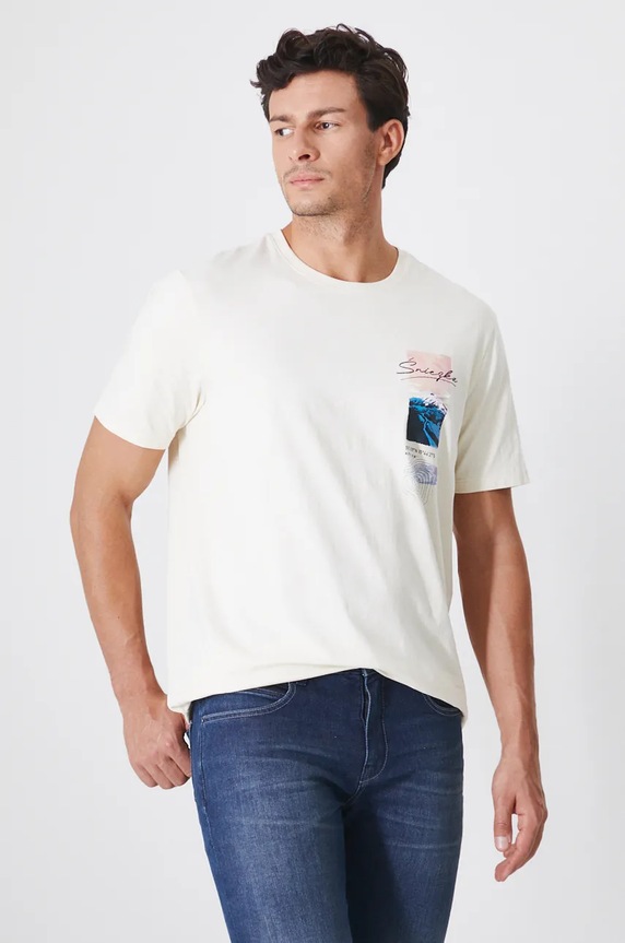 Odzież T-shirt bawełniany męski z domieszką elastanu z nadrukiem kolor beżowy RW24-TSM907 beżowy