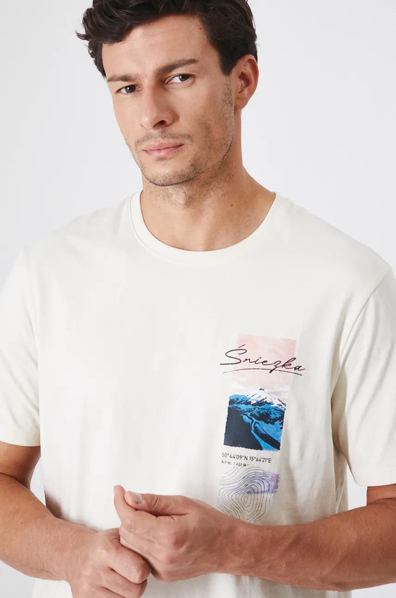 T-shirt bawełniany męski z domieszką elastanu z nadrukiem kolor beżowy beżowy RW24-TSM907