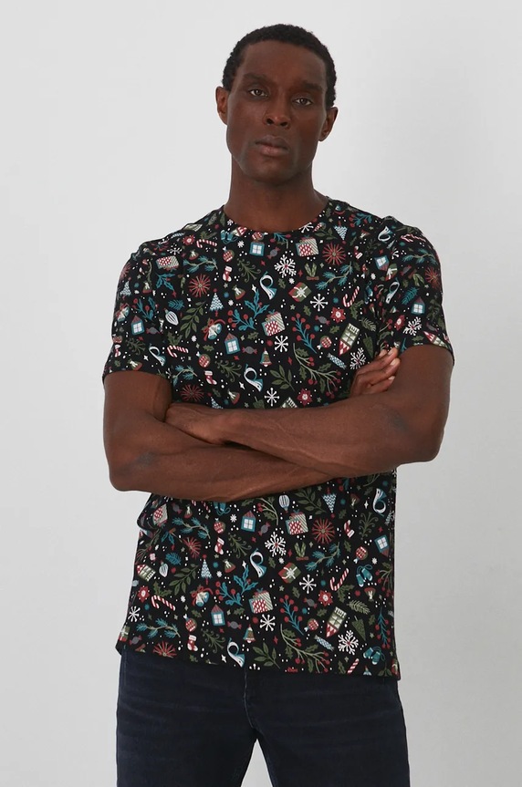T-shirt bawełniany męski z domieszką elastanu świąteczny kolor czarny wzorzyste czarny RW24-TSMA24