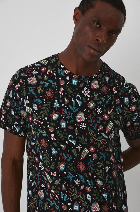 T-shirt bawełniany męski z domieszką elastanu świąteczny kolor czarny czarny RW24-TSMA24