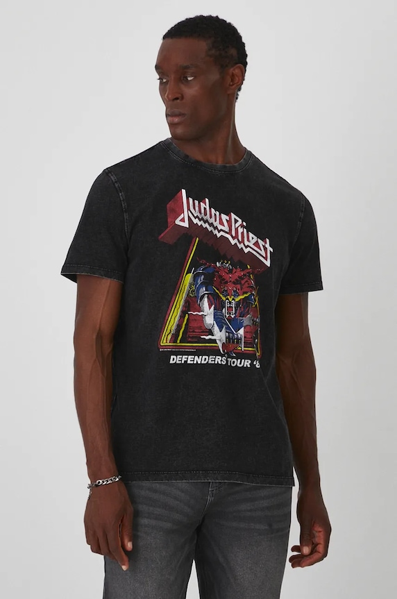 T-shirt bawełniany męski Judas Priest kolor szary okrągły szary RW24-TSMA70