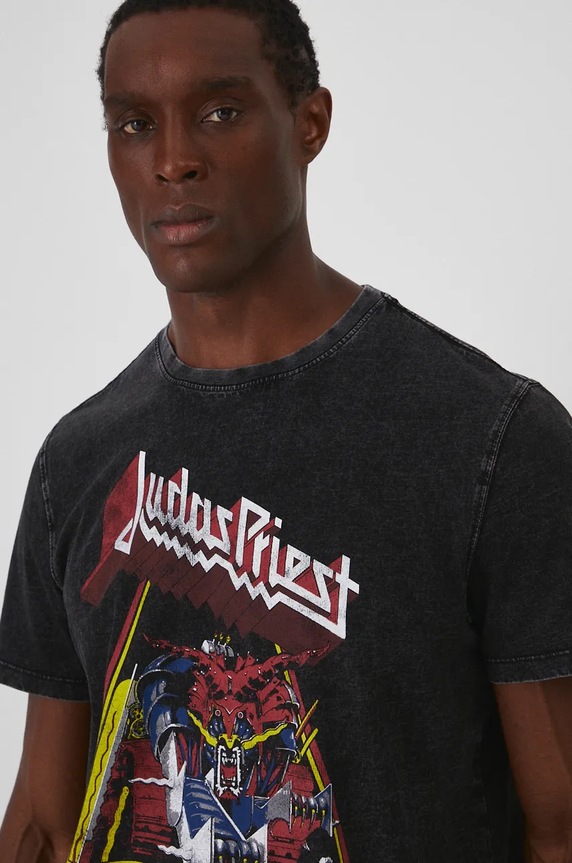 T-shirt bawełniany męski Judas Priest kolor szary szary RW24-TSMA70