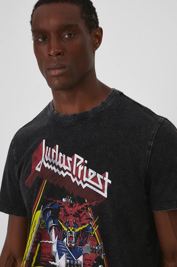 T-shirt bawełniany męski Judas Priest kolor szary szary RW24-TSMA70