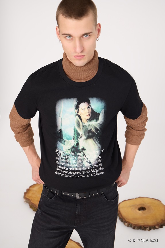 T-shirt bawełniany męski z kolekcji The Lord of the Rings kolor czarny okrągły czarny RW24-TSMA87