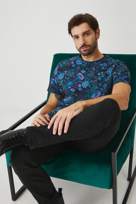 Bavlněné tričko pánské se vzorem černá barva regular černá RW24-TSMB01