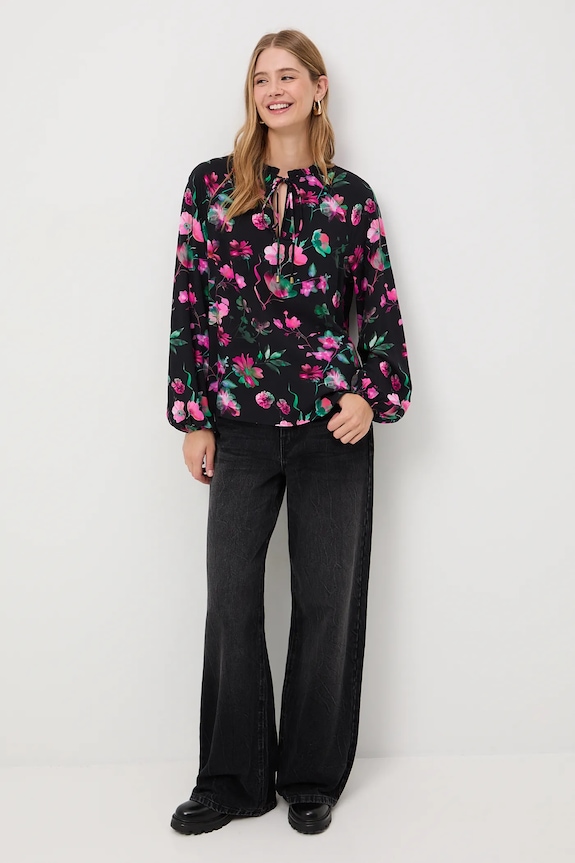 Bluzka damska z wiskozy wzorzysta casual czarny RW25-BDD050