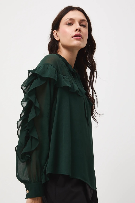 Blúzka s ozdobnými volánikmi zelená RW25-BDD500