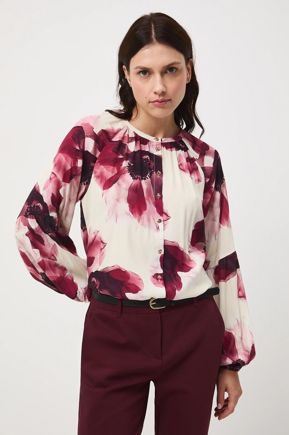 Bluzka damska z wiskozy w kwiaty casual beżowy RW25-BDD501