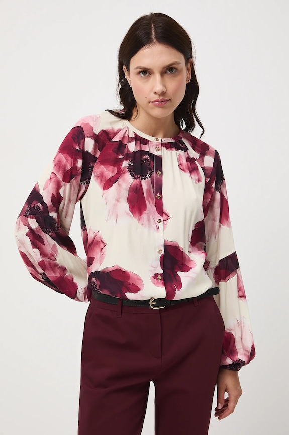 Bluzka damska z wiskozy w kwiaty casual beżowy RW25-BDD501