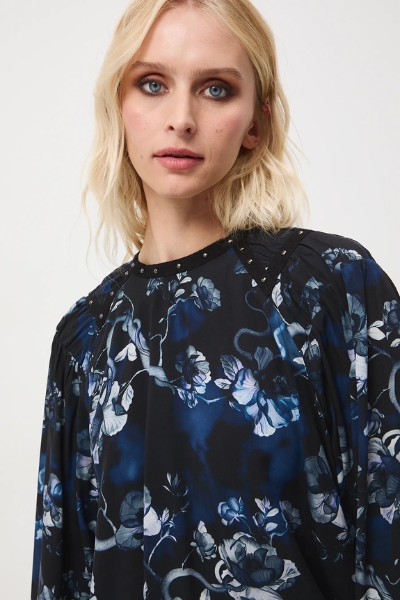 Bluzka damska z wiskozy wzorzysta czarny RW25-BDD702