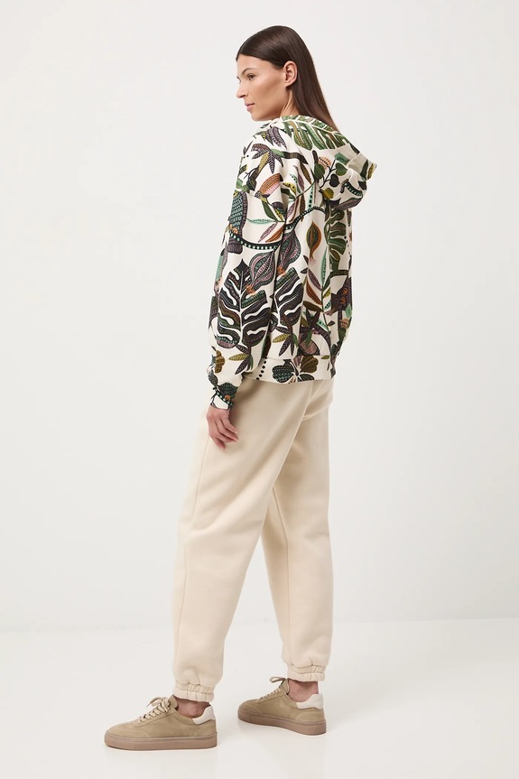 Bavlněná mikina dámská s kapucí a vzorem bavlna béžová RW25-BLD030