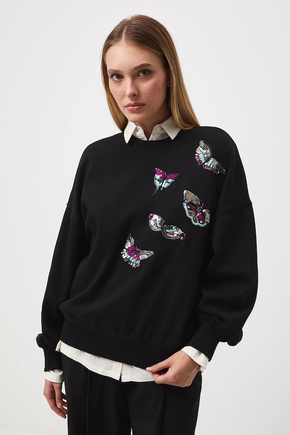 Bluza damska z ozdobną aplikacją czarny RW25-BLD500