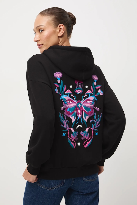 Bluza damska z nadrukiem i aplikacją pozostałe czarny RW25-BLD600