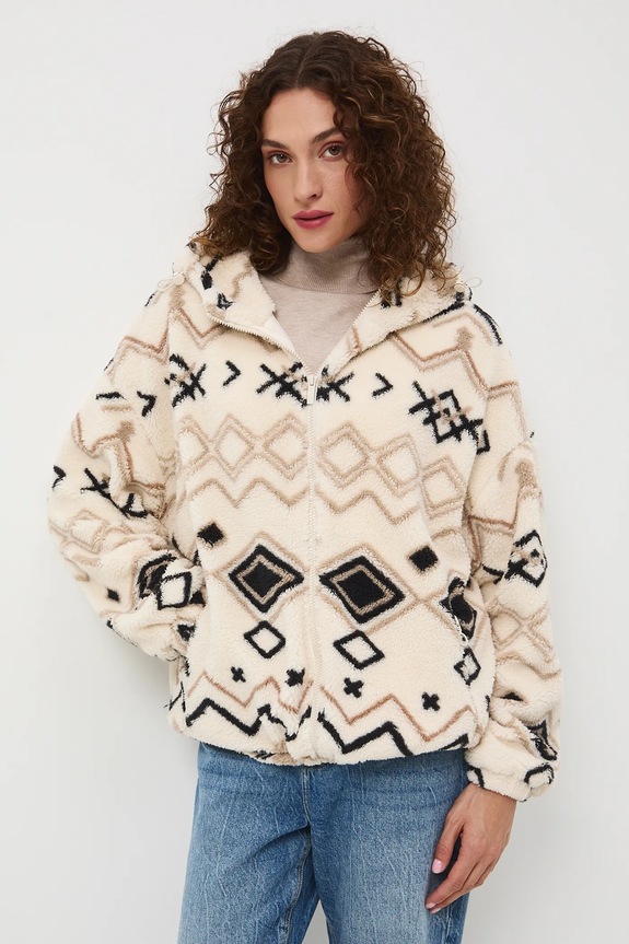 Bluza polarowa damska wzorzysta z kapturem beżowy RW25-BLD602