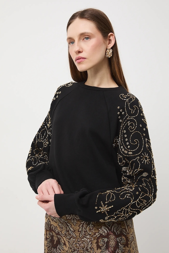 Bluza damska z ozdobną aplikacją z elastanem czarny RW25-BLDA02