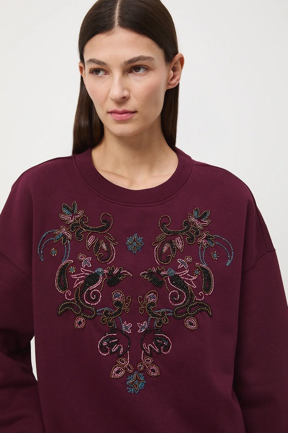 Bluza damska z ozdobną aplikacją bordowy RW25-BLDC02