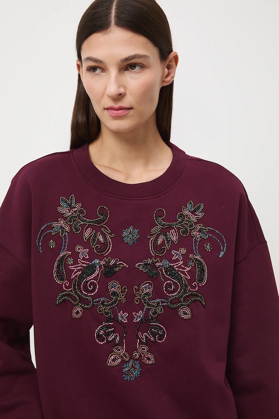 Bluza damska z ozdobną aplikacją bordowy RW25-BLDC02