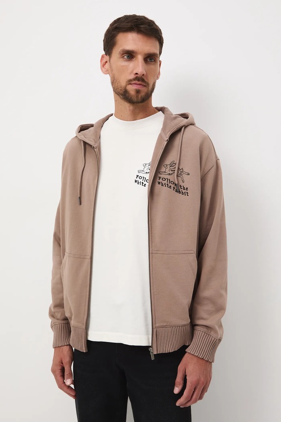 Bavlněná mikina pánská s potiskem a výšivkou hnědá RW25-BLM901